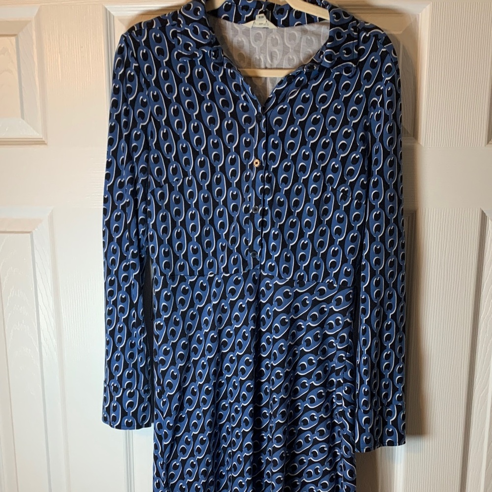 Boden Navy and White Geometric Long Sleeve Dress